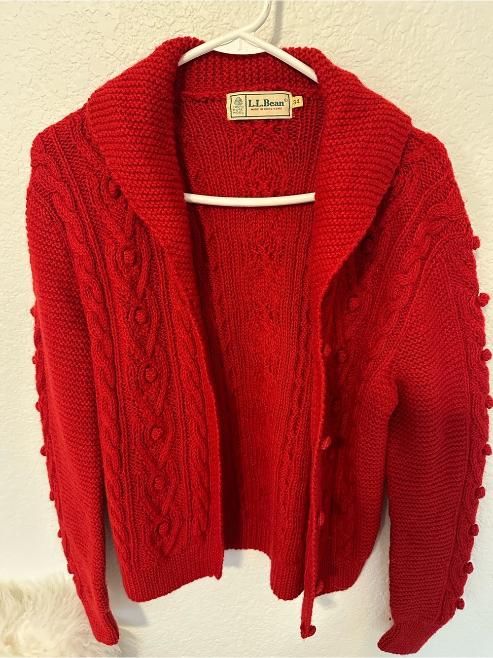 L.L. Bean Women's Bright Red Cable & Bobble Shawl Cardigan